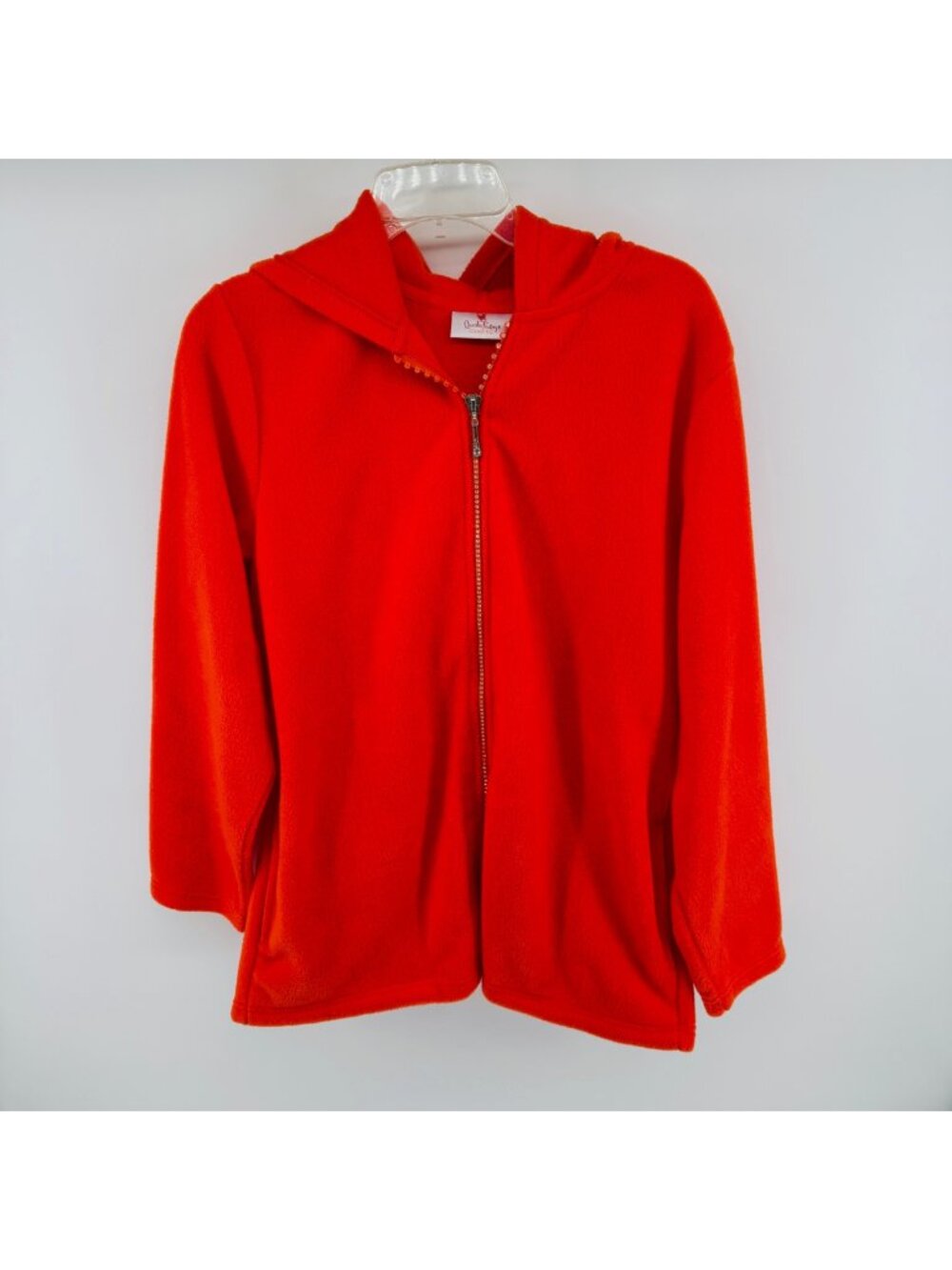 Quacker Factory Orange Fleece Zip Hoodie M Rhinestone Zipper Cozy Fall Layer